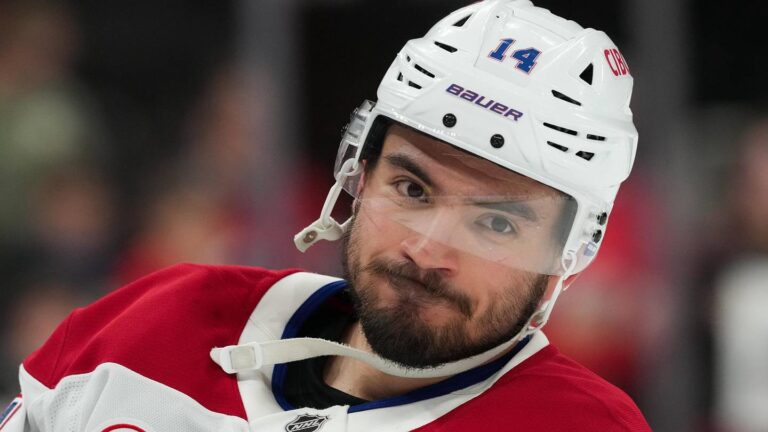 May 23, 2026; Raleigh, North Carolina, USA; Montréal Canadiens center Nick Suzuki (14) looks on before the game against the Carolina Hurricanes in game two of the Eastern Conferene Final of the 2026 Stanley Cup Playoffs at Lenovo Center. Mandatory Credit: James Guillory-Imagn Images