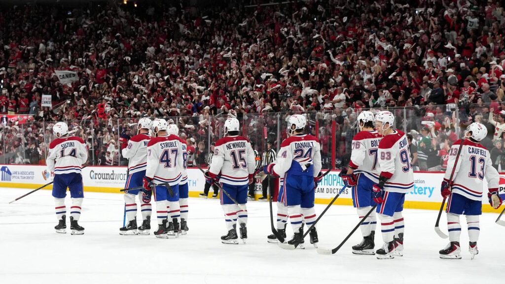 May 29, 2026; Raleigh, North Carolina, USA; Montreal Canadiens players wait in the handshake line after losing to the Carolina Hurricanes in game five of the Eastern Conference Final of the 2026 Stanley Cup Playoffs at Lenovo Center. Mandatory Credit: James Guillory-Imagn Images