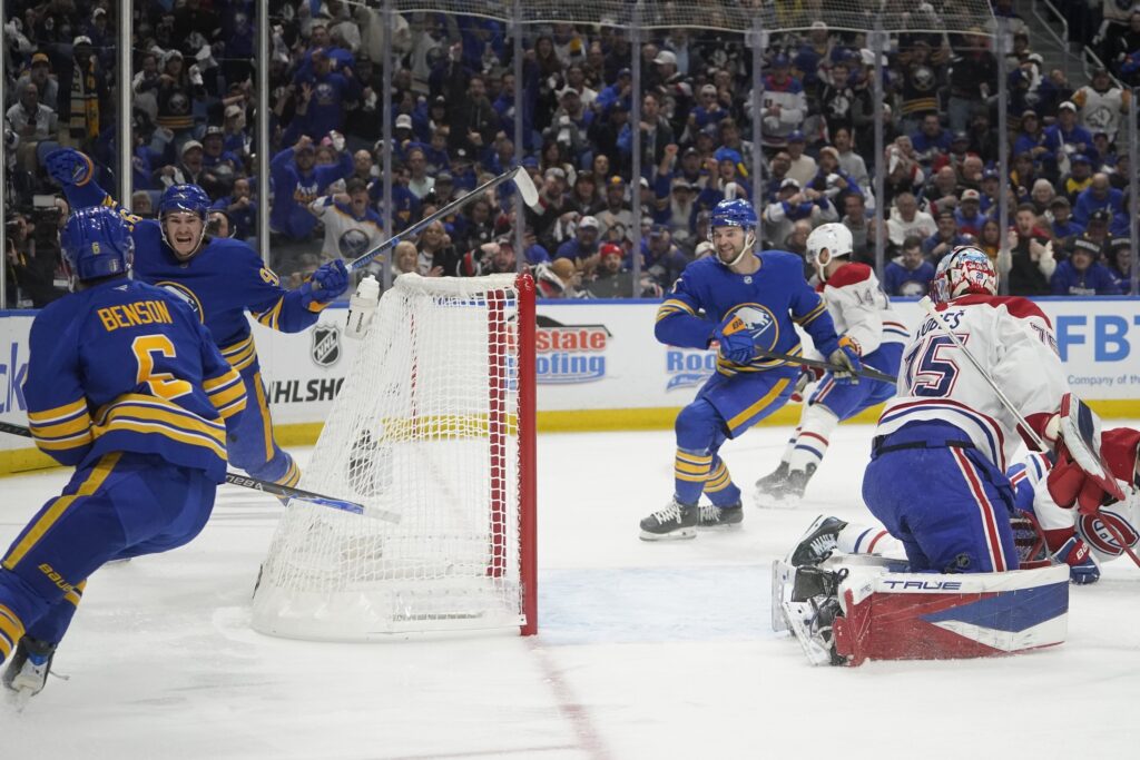 Buffalo Sabres right winger Josh Doan (91) celebrates his goal against the Montreal Canadiens