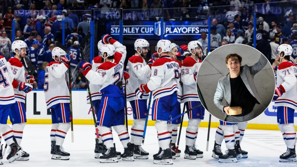 the Montreal Canadiens react to beating the Tampa Bay Lightning in game seven of the first round of the 2026 Stanley Cup Playoffs at Benchmark International Arena. Cole Caufield.