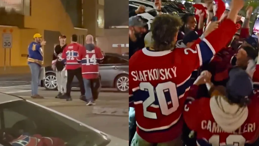 Photo of Montreal Canadiens Fans and Sabres fans outside of KeyBank arena.