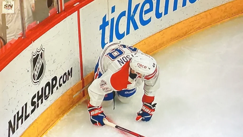 Injury suffered by Montreal Canadiens defenseman Lane Hutson late in the game against the Carolina Hurricanes.