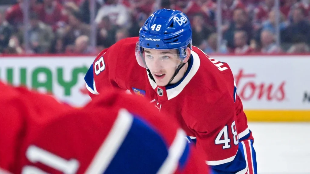Montreal Canadiens defenseman Lane Hutson (48) prepares for a face-off against the Buffalo Sabres during the third period in game three of the second round of the 2026 Stanley Cup Playoffs at the Bell Centre.
