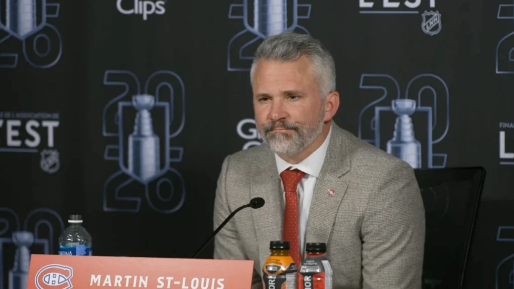 Photo of Montreal Canadiens head coach Martin St-Louis speaking with media following Game 3 loss at Bell centre vs Carolina Hurricanes.