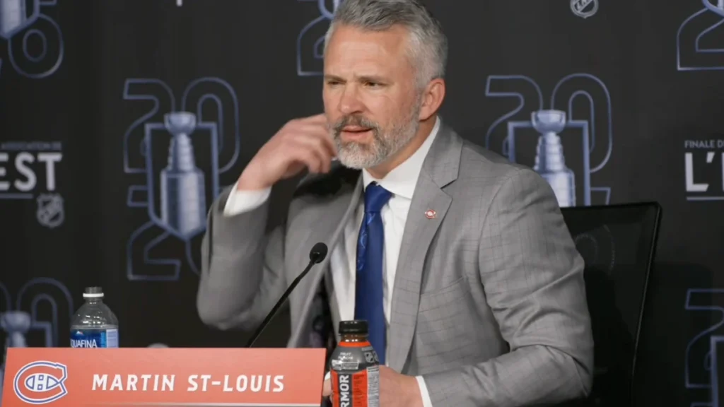 Montreal Canadiens head coach Martin St-Louis speaking to the media after the loss to the Carolina Hurricanes at the Bell Centre.
