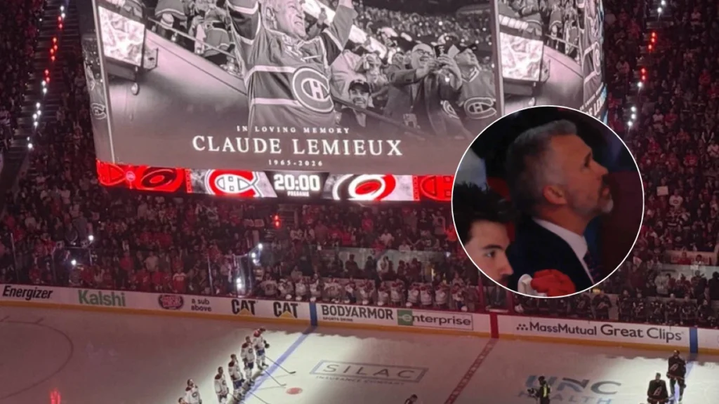 Scene during the tribute to Claude Lemieux before the game between the Montreal Canadiens and Carolina Hurricanes.