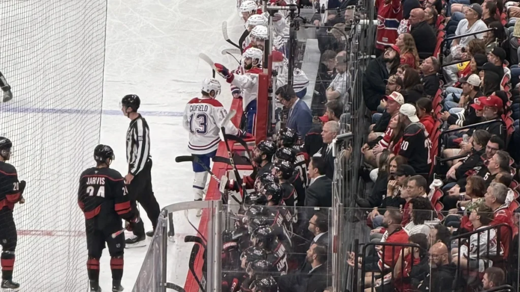 Sequence involving Montreal Canadiens forward Cole Caufield on the bench after scoring against the Carolina Hurricanes.