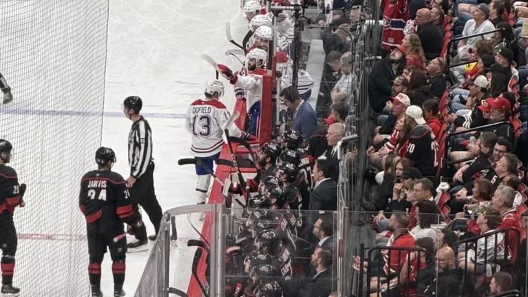 Sequence involving Montreal Canadiens forward Cole Caufield on the bench after scoring against the Carolina Hurricanes.