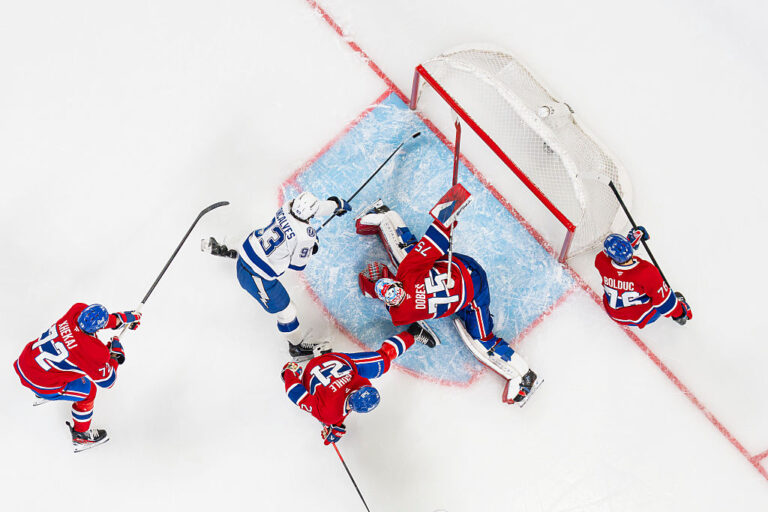MONTREAL, CANADA- MAY 1: Gage Goncalves #93 of the Tampa Bay Lightning scores the game winning goal in the first overtime period of Game Six of the First Round of the 2026 Stanley Cup Playoffs against the Montreal Canadiens at the Bell Centre on May 1, 2026 in Montreal, Quebec, Canada. (Photo by Arianne Bergeron/NHLI via Getty Images)