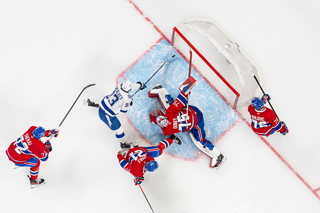MONTREAL, CANADA- MAY 1: Gage Goncalves #93 of the Tampa Bay Lightning scores the game winning goal in the first overtime period of Game Six of the First Round of the 2026 Stanley Cup Playoffs against the Montreal Canadiens at the Bell Centre on May 1, 2026 in Montreal, Quebec, Canada. (Photo by Arianne Bergeron/NHLI via Getty Images)