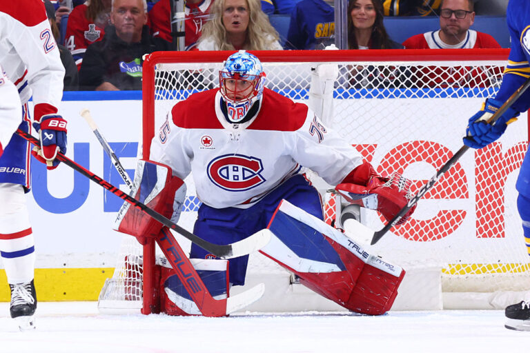 BUFFALO, NEW YORK - MAY 08: Jakub Dobes #75 of the Montreal Canadiens tends goal against the Buffalo Sabres in Game Two of the Second Round of the 2026 Stanley Cup Playoffs at KeyBank Center on May 08, 2026 in Buffalo, New York. (Photo by Bill Wippert/NHLI via Getty Images)