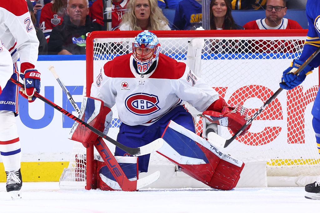 BUFFALO, NEW YORK - MAY 08: Jakub Dobes #75 of the Montreal Canadiens tends goal against the Buffalo Sabres in Game Two of the Second Round of the 2026 Stanley Cup Playoffs at KeyBank Center on May 08, 2026 in Buffalo, New York. (Photo by Bill Wippert/NHLI via Getty Images)
