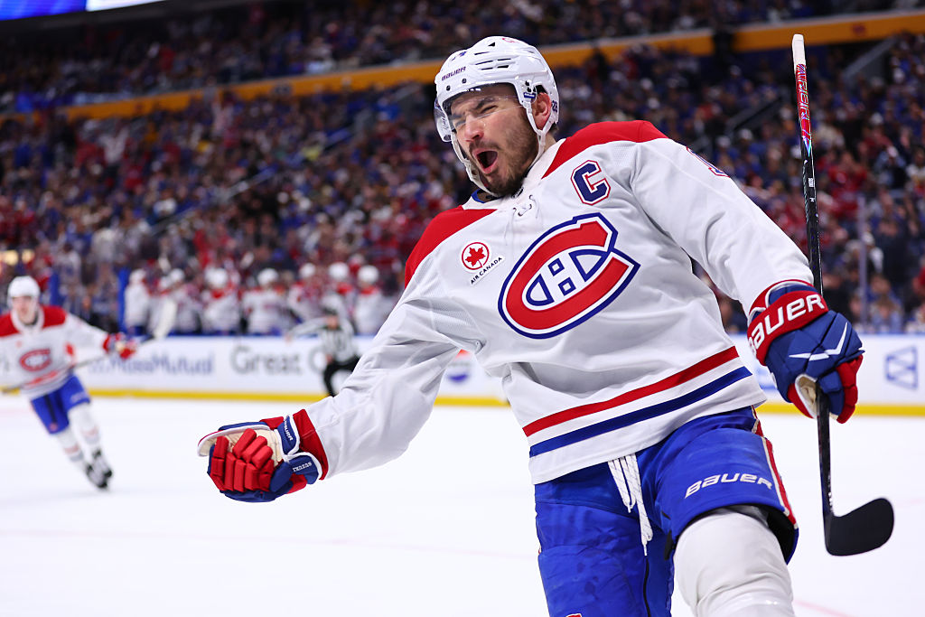 BUFFALO, NEW YORK - MAY 14: Nick Suzuki #14 of the Montreal Canadiens celebrates his second period goal against the Buffalo Sabres in Game Five of the Second Round of the 2026 Stanley Cup Playoffs at KeyBank Center on May 14, 2026 in Buffalo, New York. (Photo by Bill Wippert/NHLI via Getty Images)