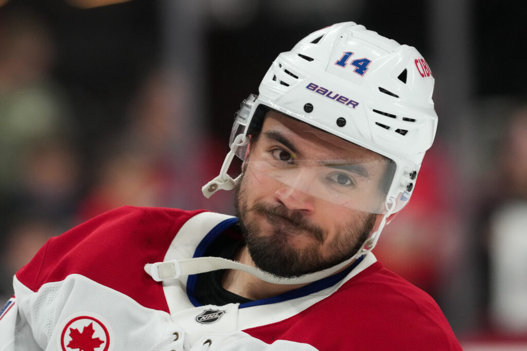 Montréal Canadiens center Nick Suzuki (14) looks on before the game against the Carolina Hurricanes in game two of the Eastern Conferene Final of the 2026 Stanley Cup Playoffs at Lenovo Center