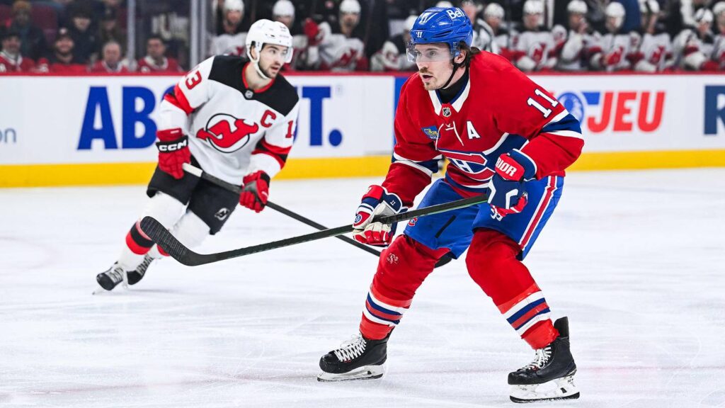 Apr 5, 2026; Montreal, Quebec, CAN; Montreal Canadiens right wing Brendan Gallagher (11) tracks the play against the New Jersey Devils during the first period at Bell Centre. Mandatory Credit: David Kirouac-Imagn Images