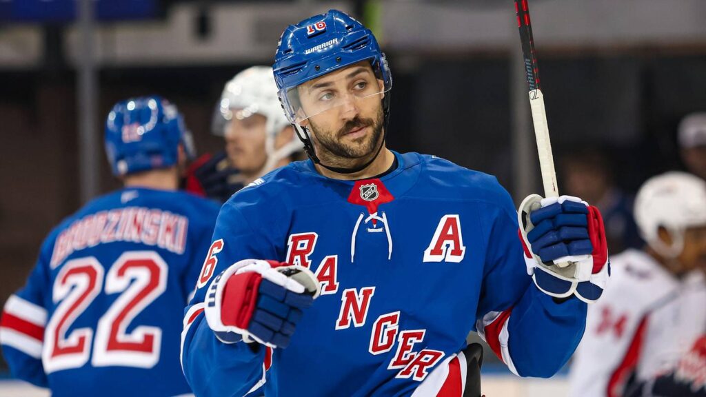Apr 5, 2026; New York, New York, USA; New York Rangers center Vincent Trocheck (16) skates against the Washington Capitals during the second period at Madison Square Garden. Mandatory Credit: Danny Wild-Imagn Images