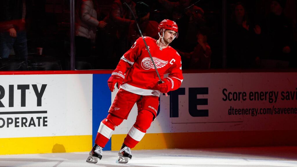 Jan 16, 2026; Detroit, Michigan, USA; Detroit Red Wings center Dylan Larkin (71) looks on following the Red Wings win over the San Jose Sharks at Little Caesars Arena. Mandatory Credit: Brian Bradshaw Sevald-Imagn Images