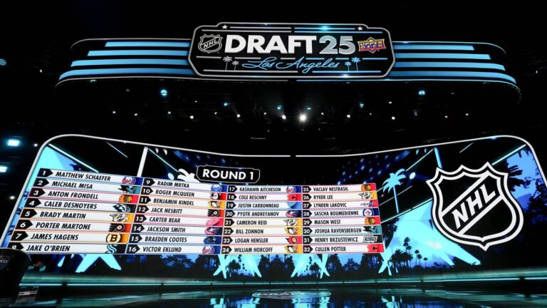 Jun 27, 2025; Los Angeles, California, USA; The draft board is seen following the first round of the 2025 NHL Draft at Peacock Theater. Mandatory Credit: Kirby Lee-Imagn Images