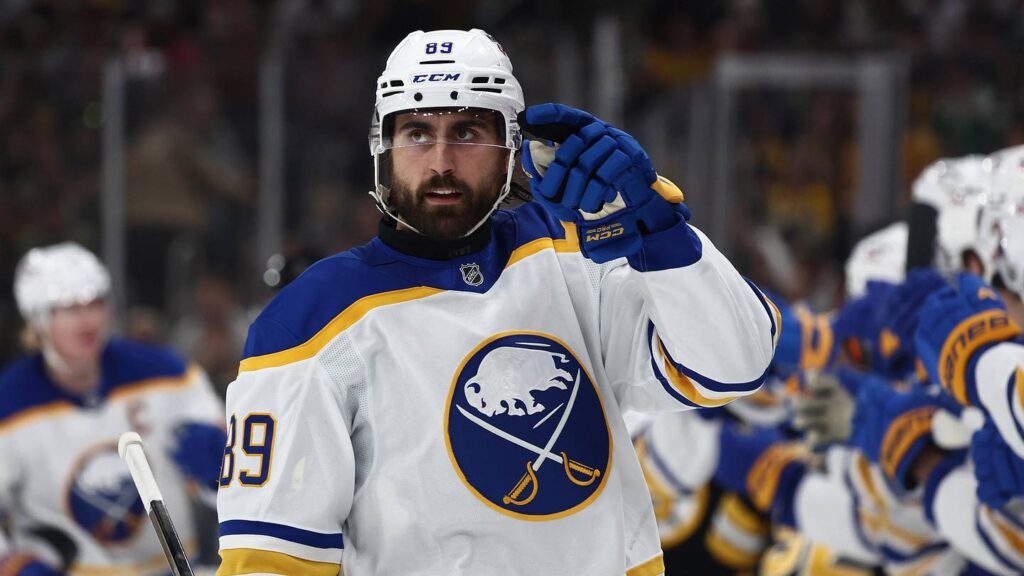 May 1, 2026; Boston, Massachusetts, USA; Buffalo Sabres right wing Alex Tuch (89) points to his goaltender after being congratulated at the bench after scoring against the Boston Bruins during the first period of game six of the first round of the 2026 Stanley Cup Playoffs at TD Garden. Mandatory Credit: Winslow Townson-Imagn Images