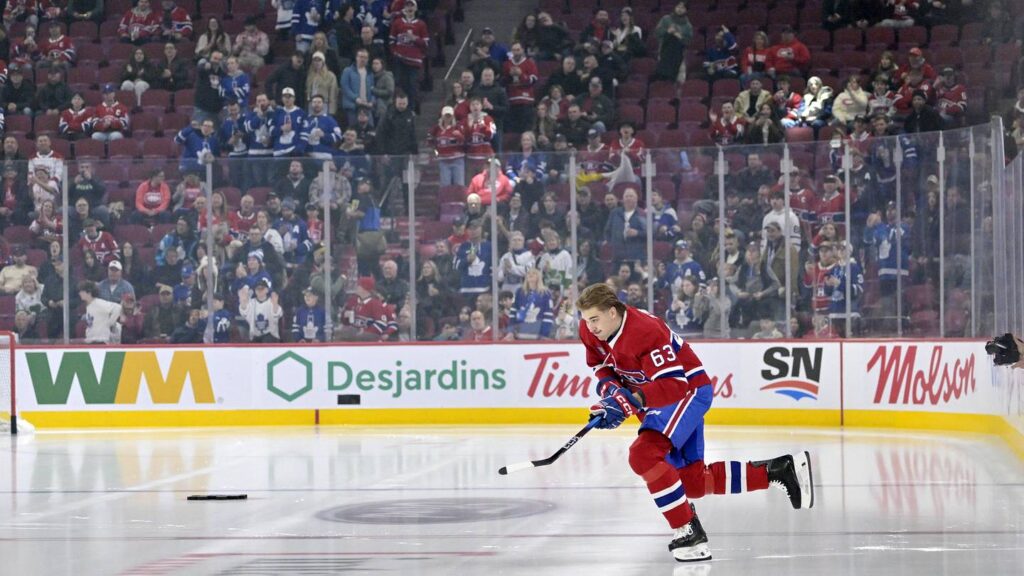 Nov 22, 2025; Montreal, Quebec, CAN; Rookie Montreal Canadiens forward Florian Xhekaj (63)  steps on the ice during the warmup before the game against the Toronto Maple Leafs at the Bell Centre. Mandatory Credit: Eric Bolte-Imagn Images