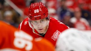 Mar 28, 2026; Detroit, Michigan, USA;  Detroit Red Wings right wing Patrick Kane (88) gets set during a face off in the second period against the Philadelphia Flyers at Little Caesars Arena. Mandatory Credit: Rick Osentoski-Imagn Images