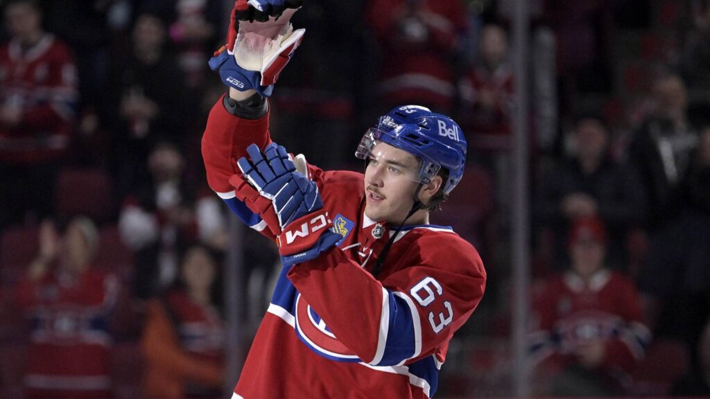 Nov 22, 2025; Montreal, Quebec, CAN; Montreal Canadiens forward Florian Xhekaj (63) celebrates the win against the Toronto Maple Leafs at the Bell Centre. Mandatory Credit: Eric Bolte-Imagn Images