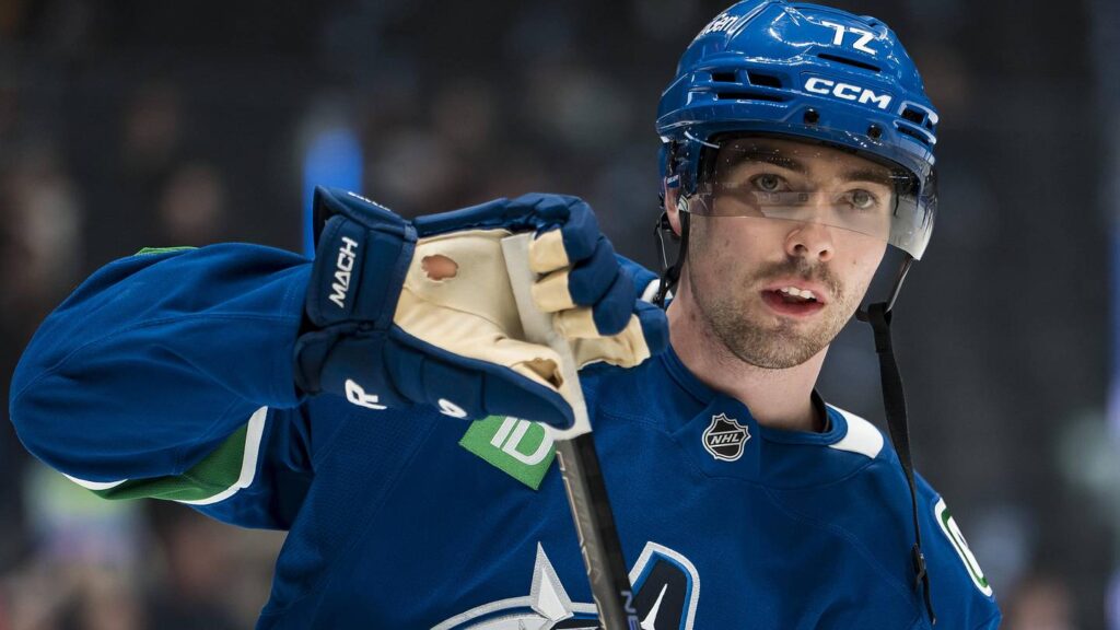 Jan 27, 2026; Vancouver, British Columbia, CAN; Vancouver Canucks forward Filip Chytil (72) skates in warm up prior to a game against the San Jose Sharks at Rogers Arena. Mandatory Credit: Bob Frid-Imagn Images