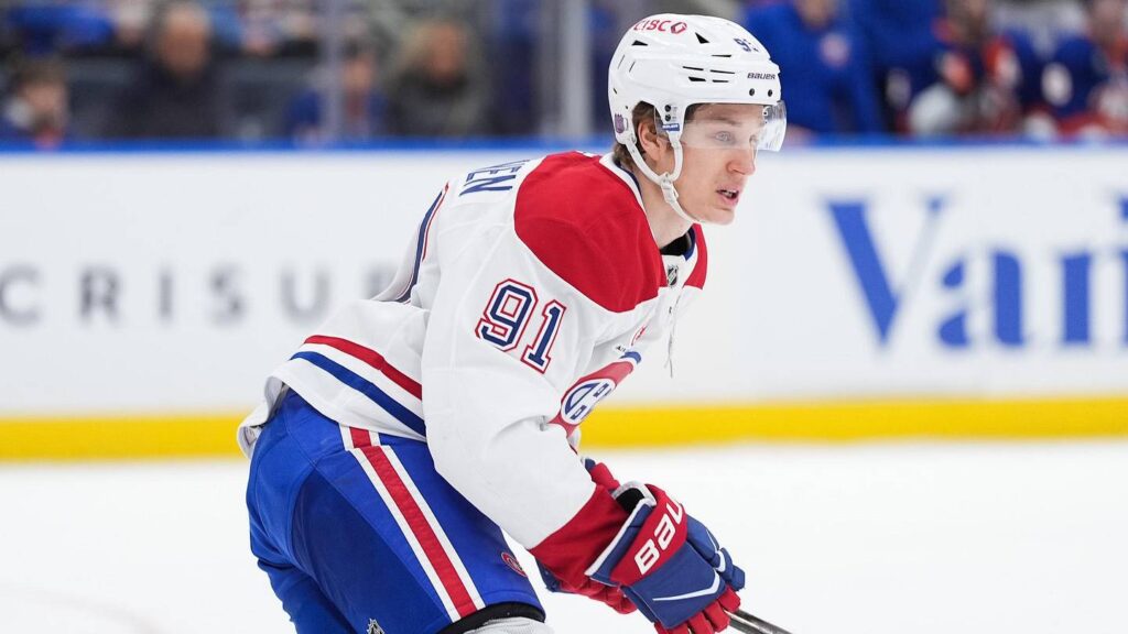 Apr 12, 2026; Elmont, New York, USA; Montreal Canadiens center Oliver Kapanen (91) during the third period against the New York Islanders at UBS Arena. Mandatory Credit: Alexander Wohl-Imagn Images
