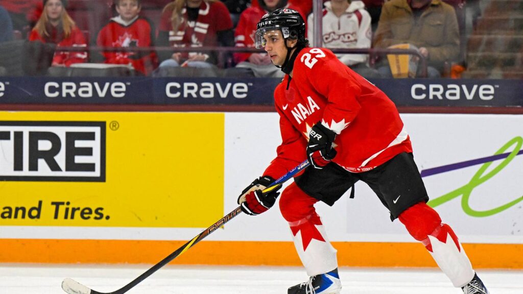 Jan 2, 2026; Minneapolis, Minnesota, USA;  Canada forward Michael Hage (29) looks to pass against Slovakia during the second period in the quarterfinals of the 2026 IIHF World Junior Championship at 3M Arena. Mandatory Credit: Nick Wosika-Imagn Images