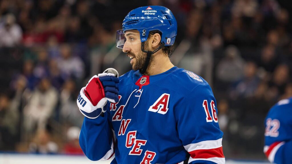 Apr 5, 2026; New York, New York, USA; New York Rangers center Vincent Trocheck (16) skates against the Washington Capitals during the second period at Madison Square Garden. Mandatory Credit: Danny Wild-Imagn Images
