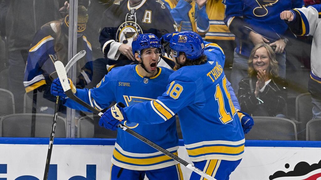 Dec 16, 2023; St. Louis, Missouri, USA;  St. Louis Blues center Jordan Kyrou (25) celebrates with center Robert Thomas (18) after scoring against the Dallas Stars during the second period at Enterprise Center. Mandatory Credit: Jeff Curry-Imagn Images