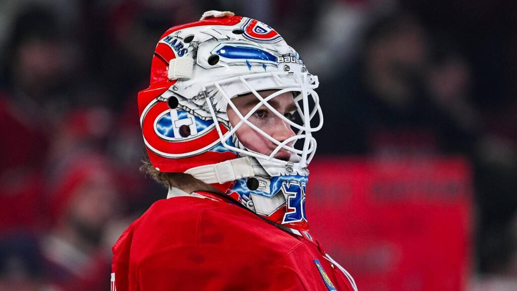 Mar 14, 2026; Montreal, Quebec, CAN; Montreal Canadiens goalie Jacob Fowler (32) looks on during warm-up before the game against the San Jose Sharks at Bell Centre. Mandatory Credit: David Kirouac-Imagn Images