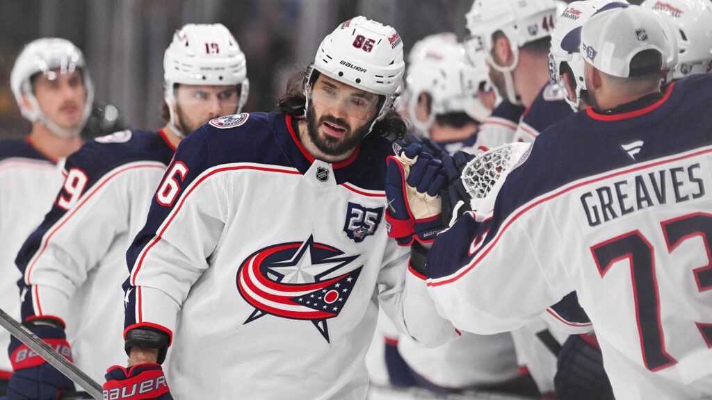 Feb 26, 2026; Boston, Massachusetts, USA; Columbus Blue Jackets right wing Kirill Marchenko (86) celebrates a goal against the Boston Bruins with his teammates during the first period at TD Garden. Mandatory Credit: Eric Canha-Imagn Images