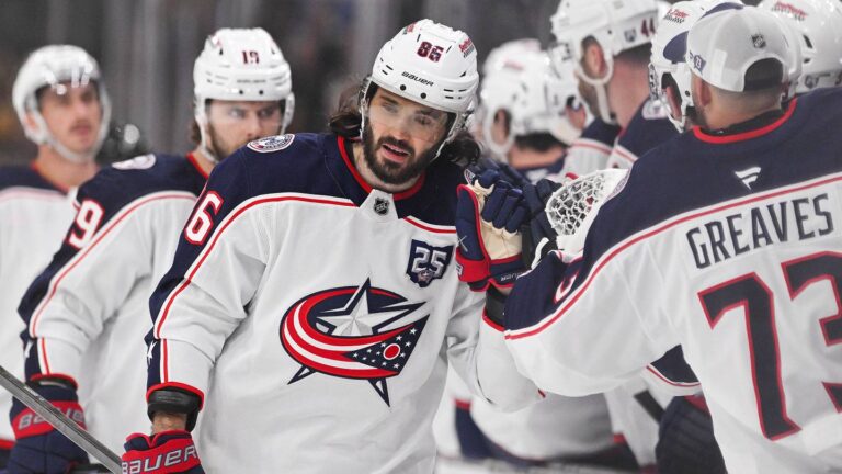 Feb 26, 2026; Boston, Massachusetts, USA; Columbus Blue Jackets right wing Kirill Marchenko (86) celebrates a goal against the Boston Bruins with his teammates during the first period at TD Garden. Mandatory Credit: Eric Canha-Imagn Images