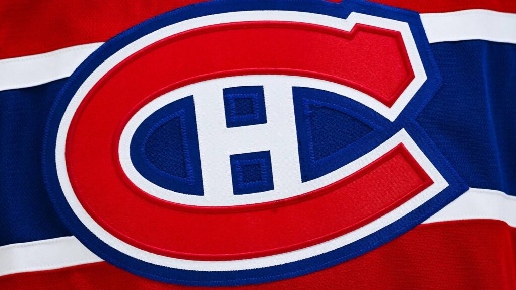 Apr 5, 2026; Montreal, Quebec, CAN; View of a Montreal Canadiens logo on a jersey worn by a member of the team during the second period at Bell Centre. Mandatory Credit: David Kirouac-Imagn Images