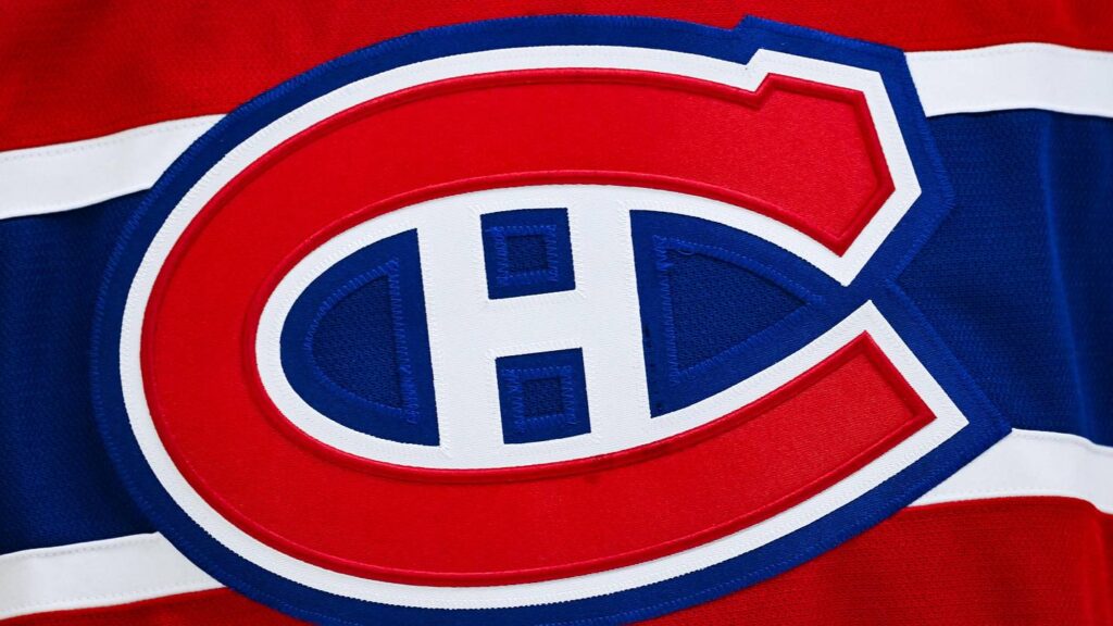 Apr 5, 2026; Montreal, Quebec, CAN; View of a Montreal Canadiens logo on a jersey worn by a member of the team during the second period at Bell Centre. Mandatory Credit: David Kirouac-Imagn Images