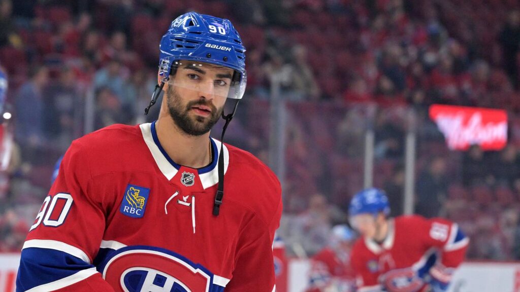 Apr 9, 2026; Montreal, Quebec, CAN; Montreal Canadiens forward Joe Veleno (90) skates during the warmup before the game against the Tampa Bay Lightning at the Bell Centre. Mandatory Credit: Eric Bolte-Imagn Images