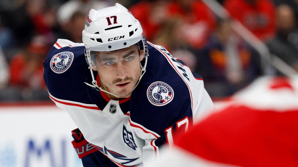 Apr 7, 2026; Detroit, Michigan, USA;  Columbus Blue Jackets left wing Mason Marchment (17) gets set during a face off in the first period against the Detroit Red Wings at Little Caesars Arena. Mandatory Credit: Rick Osentoski-Imagn Images