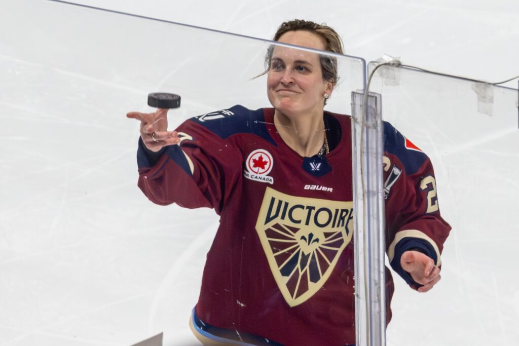 Montreal Victoire Marie-Philip Poulin scored the game winning goal in the 3rd overtime period against the Minnesota Frost in their 1-0 playoff win at Place Bell in Laval on Tuesday May 5, 2026.