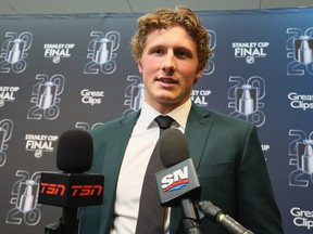 Keaton Verhoeff attends the NHL Draft Top Prospects Media Availability at T-Mobile Arena on June 9, 2026 in Las Vegas.