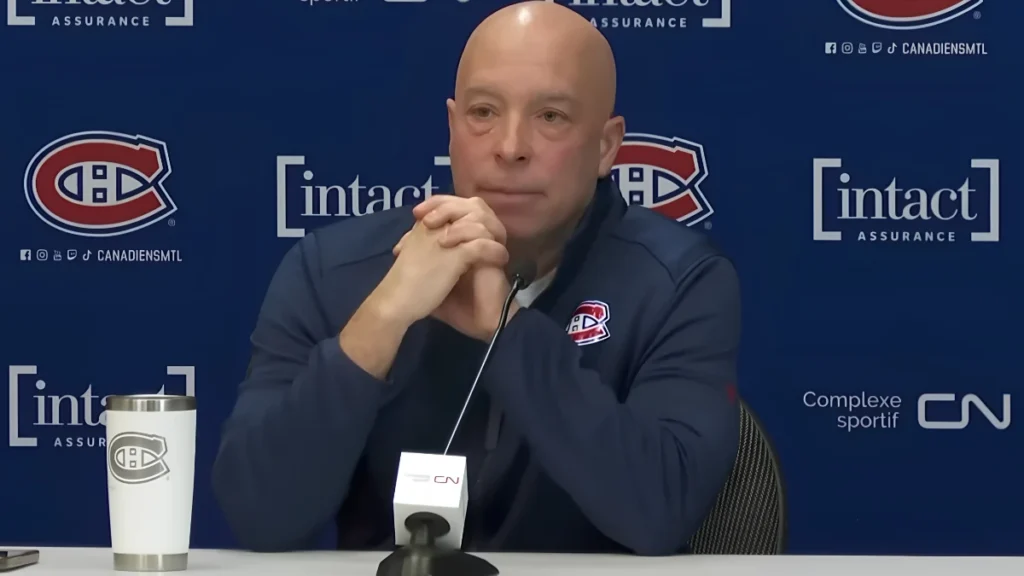 Photo of Montreal Canadiens GM Kent Hughes during a press conference.