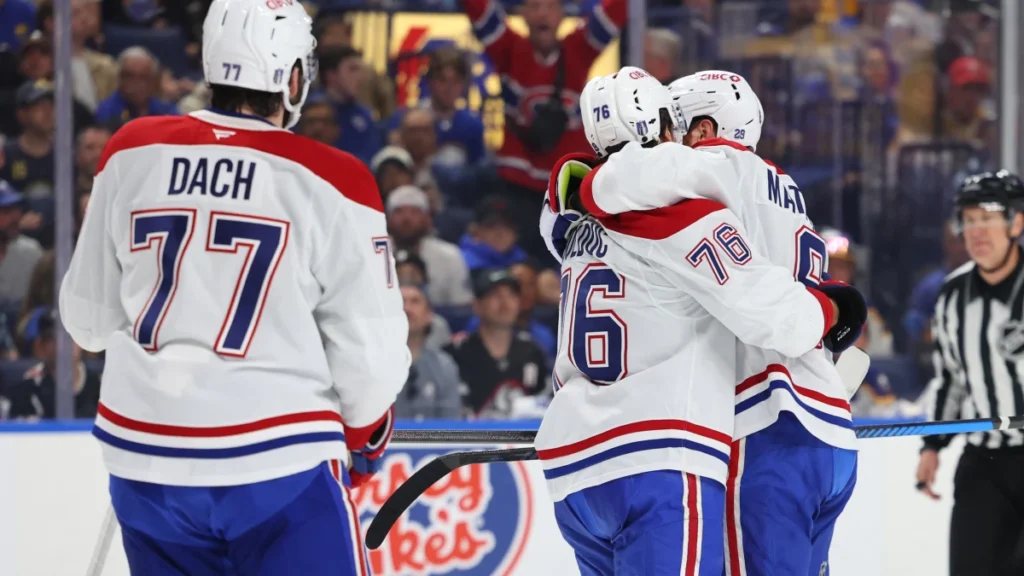 Montr&eacute;al Canadiens right wing Zachary Bolduc (76) celebrates his goal with teammates during the first period against the Buffalo Sabres in game seven of the second round of the 2026 Stanley Cup Playoffs at KeyBank Center.