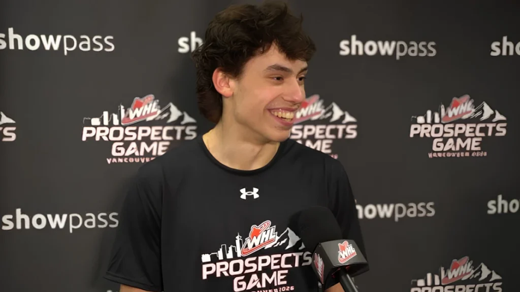 Markus Ruck, a 2026 NHL Draft prospect, speaks with the media during an interview.