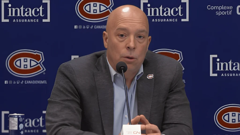 Montreal Canadiens general manager Kent Hughes addresses the media during a press conference.