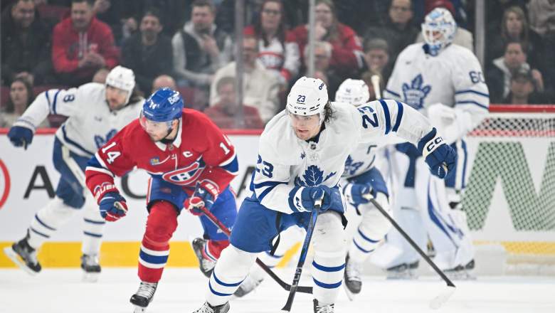 Matthew Knies #23 of the Toronto Maple Leafs skates during the first period against the Montreal Canadiens at the Bell Centre on January 18, 2025 in Montreal, Quebec, Canada. The Toronto Maple Leafs defeated the Montreal Canadiens 7-3.