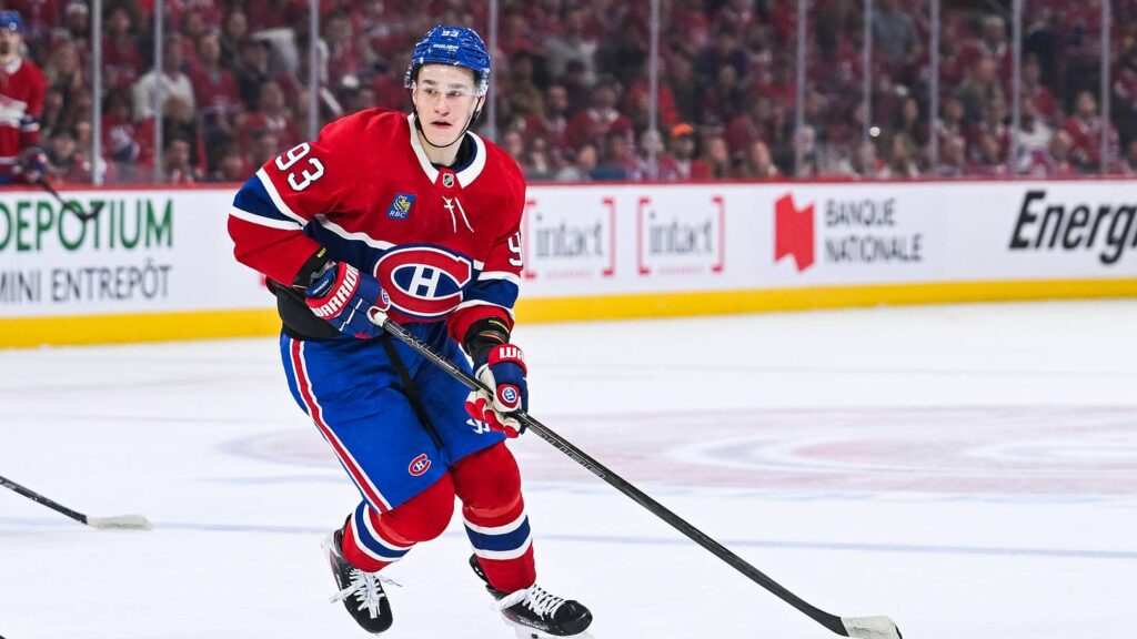 May 16, 2026; Montreal, Quebec, CAN; Montreal Canadiens right wing Ivan Demidov (93) plays the puck against the Buffalo Sabres during the first period in game six of the second round of the 2026 Stanley Cup Playoffs at Bell Centre. Mandatory Credit: David Kirouac-Imagn Images