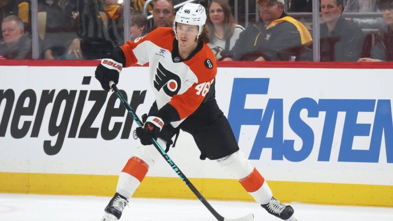 Apr 27, 2026; Pittsburgh, Pennsylvania, USA;  Philadelphia Flyers center Trevor Zegras (46) handles the puck against the Pittsburgh Penguins during the first period in game five of the first round of the 2026 Stanley Cup Playoffs at PPG Paints Arena. Mandatory Credit: Charles LeClaire-Imagn Images