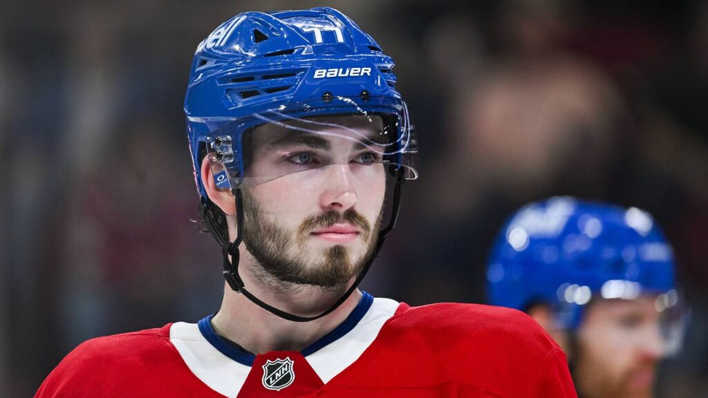 Sep 25, 2025; Montreal, Quebec, CAN; Montreal Canadiens center Kirby Dach (77) looks on against the Toronto Maple Leafs during the second period at Bell Centre. Mandatory Credit: David Kirouac-Imagn Images