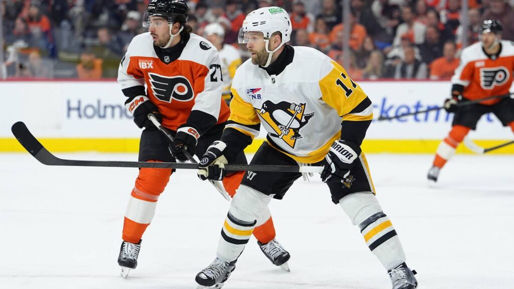 Apr 29, 2026; Philadelphia, Pennsylvania, USA; Pittsburgh Penguins right wing Bryan Rust (17) skates against Philadelphia Flyers left wing Noah Cates (27) in the second period in game six of the first round of the 2026 Stanley Cup Playoffs at Xfinity Mobile Arena. Mandatory Credit: Kyle Ross-Imagn Images