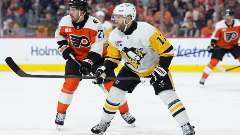 Apr 29, 2026; Philadelphia, Pennsylvania, USA; Pittsburgh Penguins right wing Bryan Rust (17) skates against Philadelphia Flyers left wing Noah Cates (27) in the second period in game six of the first round of the 2026 Stanley Cup Playoffs at Xfinity Mobile Arena. Mandatory Credit: Kyle Ross-Imagn Images